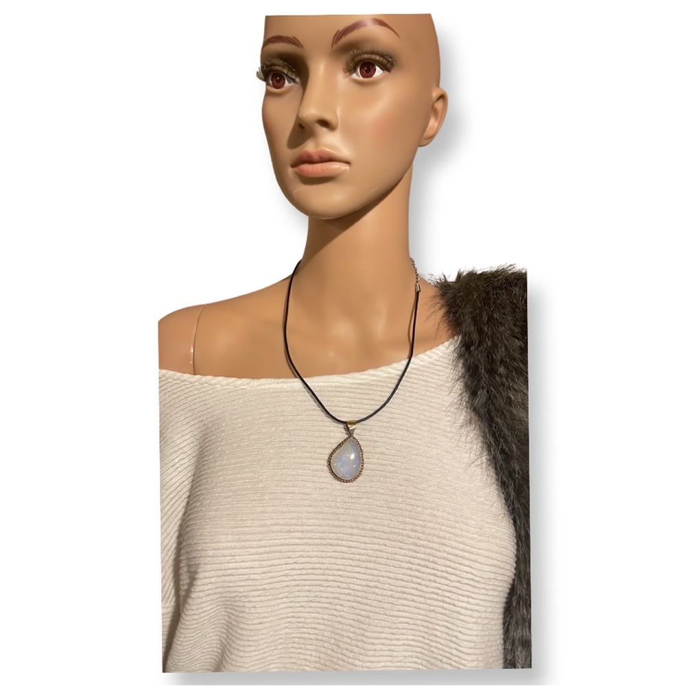 NEW sterling moonstone necklace silver & brass w/ extra black leather cord chain